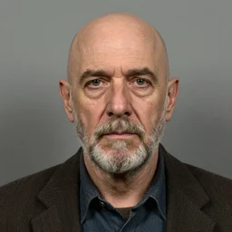 A mugshot portrait of a bald old man who looks like Jerma985 with a beard, wearing mid-1980s menswear in the late 2008, taken in the late 2010s, grainy, realistic, hyperrealistic, very realistic, highly detailed, very detailed, extremely detailed, detailed, trending on artstation, front facing, front view, headshot and bodyshot, detailed face, very detailed face