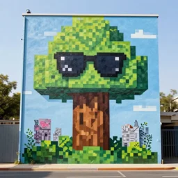 minecraft tree with sunglasses as graffiti mural by lee, masterpiece, trending on artstation