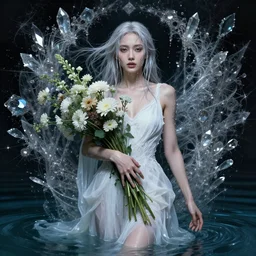 portrait of a beautiful woman wearing a white dress, holding a bouquet of flowing flowers, drenched body, silver hair, wet dripping hair, emerging from the water, dark fantasy, regal, fractal crystal, fractal gems, by stanley artgerm lau, thomas kindkade, alphonse mucha, loish, norman rockwell