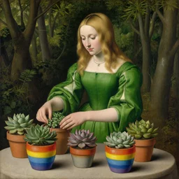 painting by Roger Van Der Weyden of a beautiful blonde woman with shoulder length hair in a forest green dress putting colorful succulents into rainbow pots at a square table