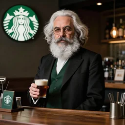 Karl Marx dressed as a Starbucks Barista, photograph