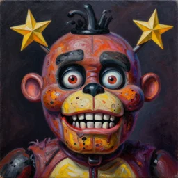 intricate five star zombie freddy fazbear facial portrait by pablo picasso, oil on canvas, hdr, high detail, photo realistic, hyperrealism, matte finish, high contrast, 3 d depth, centered, masterpiece, vivid and vibrant colors, enhanced light effect, enhanced eye detail, artstationhd