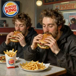 Slobs eating hamburgers and fries at an inner city Burger King, Gustave Doré painting