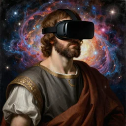 renaissance painting of aristotle in a virtual reality headset, cosmic background, vibrant, rafael