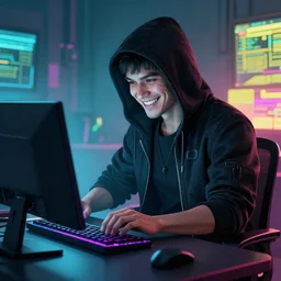 cyberpunk hacker at a computer grinning at the screen digital art