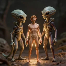 photo, miniature of a human stand next to an alien.