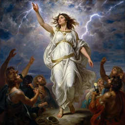 Full body oil painting of the beautiful woman Gal Gadot, she is wearing some withe ancient roman cloths and a surreal ornate, her hair is natural disheveled, she is approaching heaven, people are claiming for her, she is attracting lightnings, naturalism, dramatic lighting, high-detailed oil painting by Ilya Repin, Michelangelo da Caravaggio, William Blake, Alex Grey and Beksinski, trending on Artsatio, hystorical painting, masterpiece, 4k, 8k,