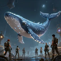 steam punk under big whale, glowing detail, by wenjun lin and artem chebokha and alena aenami and ian llanas, 4 k