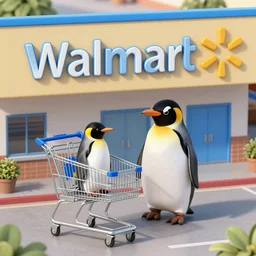 highly detailed Penguin going shopping at Walmart, detailed Walmart sign, detailed shopping cart, 4k, Photorealistic, Ray tracing, 8k, studio quality lighting, trending on artstation, birdeye view