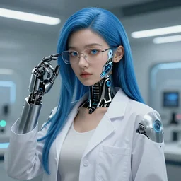 Hot young woman, mad scientist, wearing lab coat and a blouse, wearing glasses, long blue hair, cybernetic eye, robotic left arm, cybernetic, futuristic, hyperdetailed, hyperrealistic, digital art, artstation, concept art, 4k, 8k
