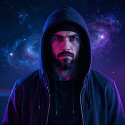 avatar of a hacker with a hoodie at night, neon lights, hyper realistic, goatee beard, galaxies in the background