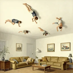 A vintage scientific illustration from the 1970s of humans crawling on the ceiling of their living room by Zdzisław Beksiński