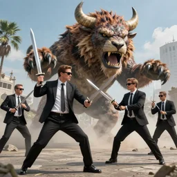 men in black fighting a giant minotaur, unreal engine, ray tracing, sword