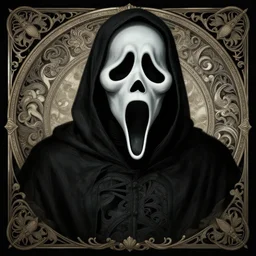 ghostface from the movie scream, creepy, intricate, elegant, highly detailed, digital painting, artstation, concept art, smooth, sharp focus, illustration, art by artgerm and greg rutkowski and alphonse mucha