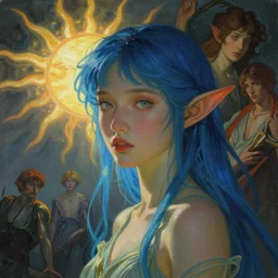 stunning, breathtaking, awe-inspiring award-winning concept art nouveau painting of attractive Asian elf nymph with blue hair and pointy elf ears, as the goddess of the sun, with anxious, piercing eyes, by Alphonse Mucha, Michael Whelan, William Adolphe Bouguereau, John Williams Waterhouse, and Donato Giancola, cyberpunk, extremely moody lighting, glowing light and shadow, atmospheric, cinematic, 8K