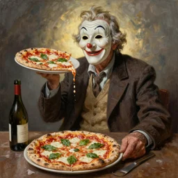wrinkled! old man wearing pulcinella mask, with a pizza! margherita di napoli, with a bottle of wine, drunk appearance, lowbrow, artistic, dramatic backlight, full body, wide angle, ultrafine detailed painting by joe fenton, trending on deviantart, masterpiece