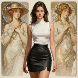 young business woman # in pencil miniskirt and sleeveless turtleneck, sci - fi, highly detailed, digital painting, artstation, concept art, smooth, sharp focus, illustration, art by artgerm and greg rutkowski and alphonse mucha