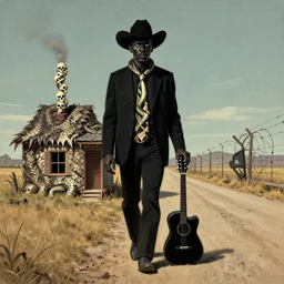 I walk 47 miles of barbed wire, I use a cobra snake for a necktie, I've got a brand new house on the roadside made of rattlesnake hide, with a smokestack chimney laid on top made out of human skulls, Bo Diddley, Delta Blues, Afrofuturism, intimidating stare, black cowboy, black rectangular guitar, deviantart, matte painting by Margaret Brundage and Glen Orbik
