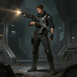 concept art by greg rutkowski, a very tall and slender young man, firing a futuristic assault rifle, futuristic, brutalist interior of a space colony, depressing atmosphere, low lighting, scifi, highly detailed portrait, digital painting, artstation, concept art, smooth, sharp foccus ilustration, artstation hq