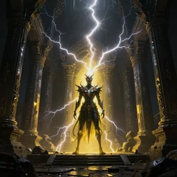 fantasy art of a lightning elemental standing in an ancient ruined temple, epic, detailed, dramatic lightning, black and yellow colors