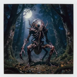 embodiment of insectile cosmic horror an insect forest god in a moonlit forest clearing, corporeal chitinous flesh spun solid from beam and vapour. dirt, grime, leaf litter, epic composition large scale octane render digital art sharp focus night time eerie 4 k haunted polaroid