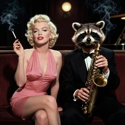 Marylin Monroe and man with raccoon head sitting and smoking in A jazz club