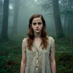 portrait of emma watson, russian cinema, kodachrome, dense forest, long brown hair, cloth, heavy fog, hudson river school, 4 k, dramatic lightin