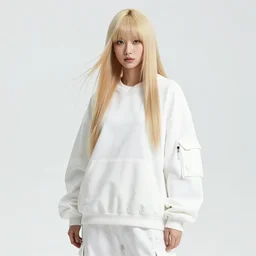 an 8 k futuristic official photograph of a beautiful!!! model asian woman with long blonde hair and bangs wearing white baggy clothes on a white background, very aesthetic