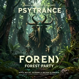 a flyer design for a psytrance forest party with no text, powerful, cinematic, beautifully lit, by craig mullins, by galan pang, 3 d, trending on artstation, octane render, 8 k