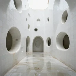 photo of a vast interior space of irregular rooms and corridors, bizarre architecture. ceramic white tiles on all the walls. the floor is flooded with shallow water.