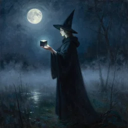 a luminous which stares at an iron cube her hands. she wear a long dark robe and a pointy hat. she stand in a foggy swamp in a full moon night. painted by regis loisel and enki bilal and tony sandoval and oliver ledroit. oil painting.