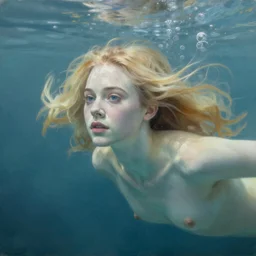 Painting of Elle Fanning underwater, long blonde hair, delicate, pale milky white porcelain skin, by Edward Hopper. 8K. Extremely detailed.
