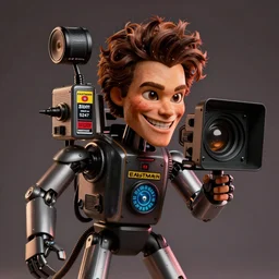 An animatronic version of Shia Labeouf, smiling eerily, horror movie lighting, Eastman Color Negative II 100T 5247, ARRIFLEX 35 BL Camera