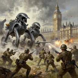 war of the worlds, martian tripods attack london, human soldiers try to counter - attack, intense fighting, dital painting, very detailed, art by jakub rozalski