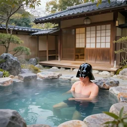 hyperrealism composition of the traditional japanese house with a hot springs in the garden, detailed darth vader bathe in a hot spring, fireworks on the background, pop - art style, jacky tsai style, andy warhol style, roy lichtenstein style, acrylic on canvas
