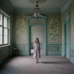 a lonely girl in an haunted liminal abandoned room, film still by wes anderson, limited color palette, very intricate, art nouveau, highly detailed, lights by hopper, soft pastel colors