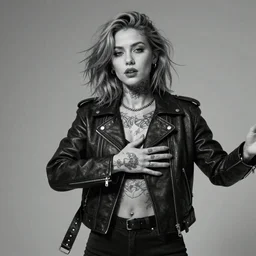 Hot young woman with grey skin, tattoos, wearing a leather jacket, opening her armsa and asking for a hug concept art