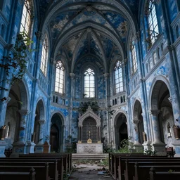 interior of an abandoned, overgrown church, blue color palette, photo, digital art, detailed, intricate complexity, artstation