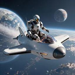 hd artistic photo of future man traveling on small spaceship towards future planet, highly detailed