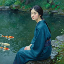 beautiful japanese woman sitting beside a koi pond in the rain, yumiko kayukawa, drab blue greens, dark greens, highly detailed, award winning, oil painting