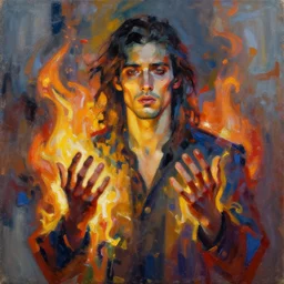 abstract painting of man on fire. Handsome. Long hair. portrait. ArtStation. Impressionist. Painful.