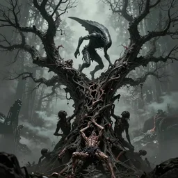 hyperion cantos, the shrike, a cruel sadistic creature, impales its victims upon the tree of pain, an immense structure made of a similar material as the entity, hyperrealist, breathtaking, world building, cinematic, dramatic, conceptual art, fan art, dark fantasy, lovecraftian horror, intricate digital art, zoomorphic, alien, 8 k, trending on artstation