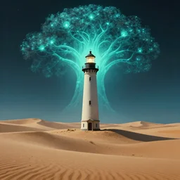 8 0's sci fi and fantasy cover art of a single lighthouse amongst sand dunes with a bioluminescent world tree growing in the background, centered, symmetry, smooth, cinematic and moody, by paul lehr, by frank frazetta, by godmachine