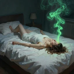 a woman floating abover her bed at night, astral projection, green smoke??! surreal concept art, lifelike, photorealistic, digital painting, aesthetic, smooth, sharp focus, artstation hd, artgerm and by greg rutkowski, bruce pennington, valentina remenar, rhads, asher duran,