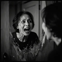 portrait of a creepy old asian lady screaming creeping out of a door looking in a mirror melting, morbid, macabre, dark lighting, decay teeth, black and white gainy film, 1 6 mm film vignette, matte painting by maxim verehin