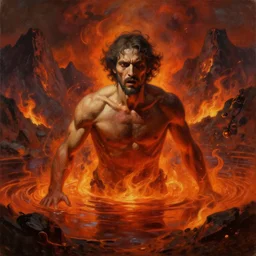 portrait of a man tormented hell, engulfed in a lake of brimstone, surrounded by burning mountains, oil on canvas trending on artstation