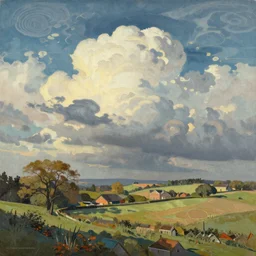 a digital painting of an british countryside, by simon stalenhag, clouds, sun, light and shadow, overlaid with aizome patterns, shin - hanga by thomas kinkade and bob ross, traditional japanese colors, superior quality, masterpiece, featured, trending, award winning, hdr, hd, uhd, 4 k, 8 k, anamorphic widescreen