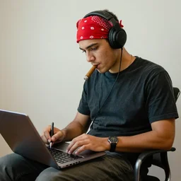 a photo of a young man with a cigar on the mouth writing on the laptop while sitting on a chair, he has headphones, red bandana, wears a watch,