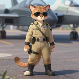character portrait feature of the anthro female anthropomorphic puma bobcat mountain lion fursona standing on tarmac wearing aviator sunglasses fighter jet pilot outfit uniform professional pilot for us air force character design stylized by charlie bowater, ross tran, artgerm, and makoto shinkai, detailed, soft lighting, rendered in octane