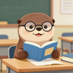 a cute smiling otter wearing glasses reading a book at a desk at school
